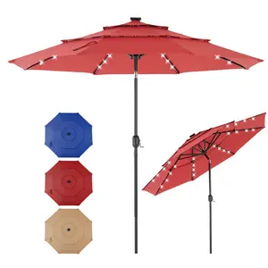 10FT 3-Tier Tilting Patio Umbrella with 32 LED Lights with 8 Sturdy Ribs, Outdoor Umbrella with Push Button Tilt and Crank for Restaurants, Beaches, Pools, Gardens, Decks, Backyards