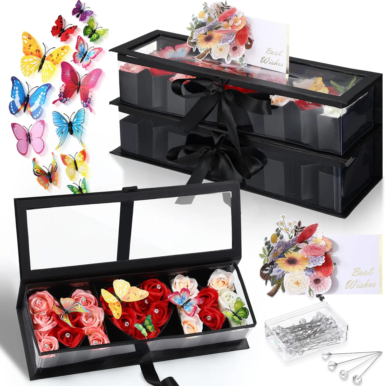 2 Pcs Mother's Day Flower Gift Letter Shaped Fillable Box with 2 Pcs 3D Mother's Day Card 50 Crystal Bouquet Pins 24 Beautiful 3D Butterfly for Luxury Style Flower Gift  Springtok, Deluxe Gift Box, Gift Box Design