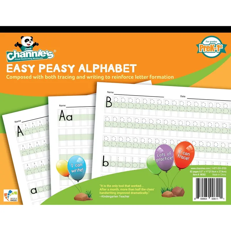 Channie's Alphabet Workbook - 80-Page 60lb Visual Handwriting Practice Kit with 1/4x1/4 Inch & 3/16 Inch Skipping, Homeschool, Classroom & Teaching Supplies for Elementary School Tracing & Writing