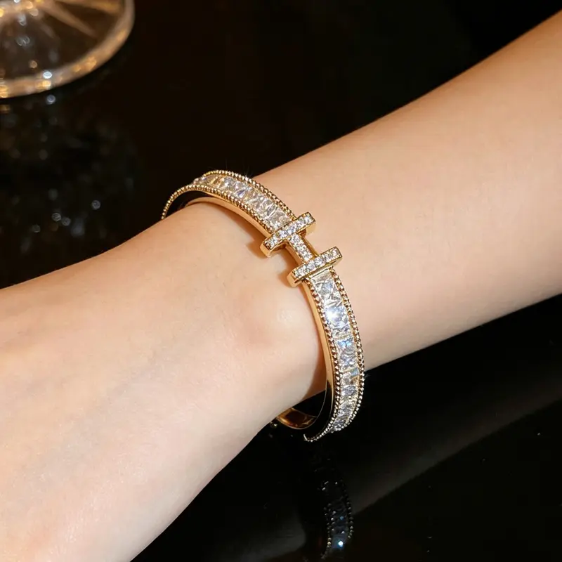 Full Diamond H-Shaped Bracelet, Luxury Style, Zircon Embedded Design, Daily Commute Versatile Jewelry, Elegant Accessory for Women, Bracelets Jewelry