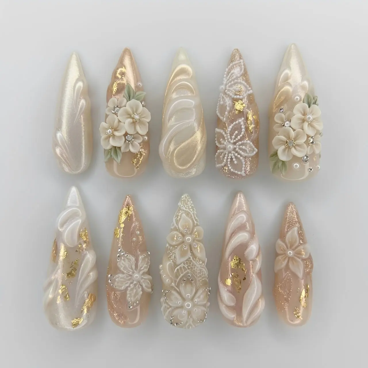 Luxury Bridal 3D Floral Press On Nails, Elegant Wedding Nails, Gold Pearl Wedding Nails, Flower Pearl Chrome Nails, Bridal Stiletto Nails