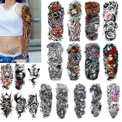 Peel Off Fake Temporary Tattoos - Long-Lasting, Waterproof Body Art for Adults, Wolf, Gothic Skull, Flower, Small Designs, Fake Tattoo Sleeve, 5-7 Days Wear, Removable, All Skin Types, Club, Dancing Use
