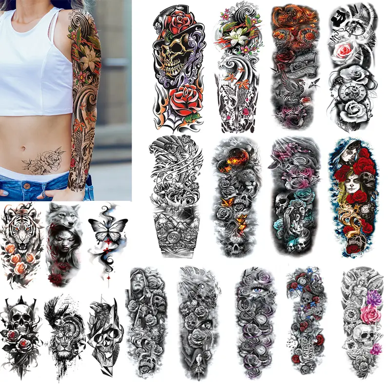 Peel Off Fake Temporary Tattoos - Long-Lasting, Waterproof Body Art for Adults, Wolf, Gothic Skull, Flower, Small Designs, Fake Tattoo Sleeve, 5-7 Days Wear, Removable, All Skin Types, Club, Dancing Use