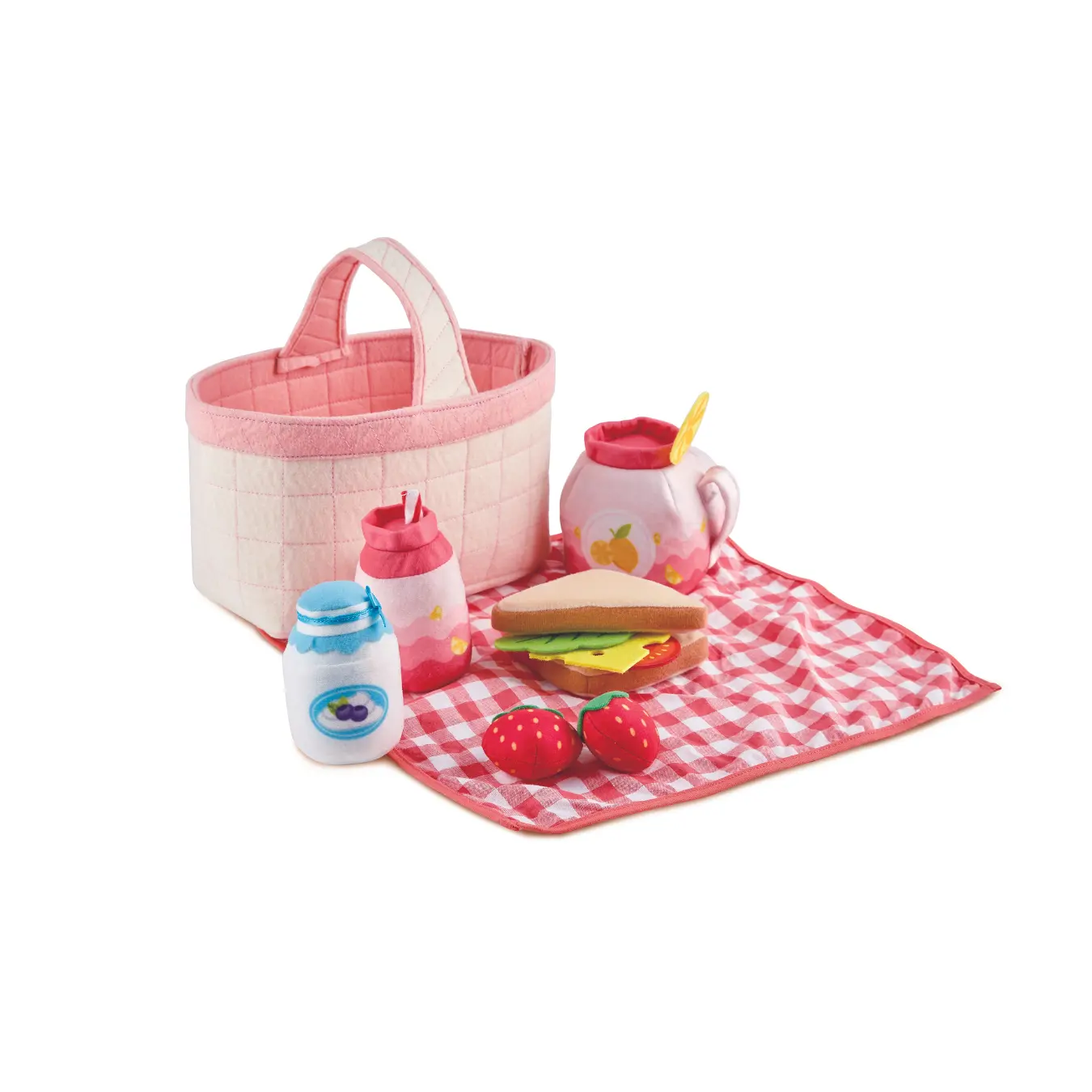 Hape Kids' Pretend Play Classic Toy Picnic Playset with Safety Soft Kitchen Accessories, Fabric Basket, Bread, Tomato, Strawberries, Lettuce, Sandwich - Encourages Positive Habits, Cheese