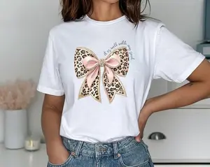 It Is Well With My Soul Tshirt, Pink Coquette Bow Religious Shirt, Bible Verse ,Christian Girl Gifts,Leopard Bow Womenswear Tee Casual Summer