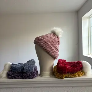Handmade velvet beanies with different colored puff ball pom pom super soft fall and winter hat
