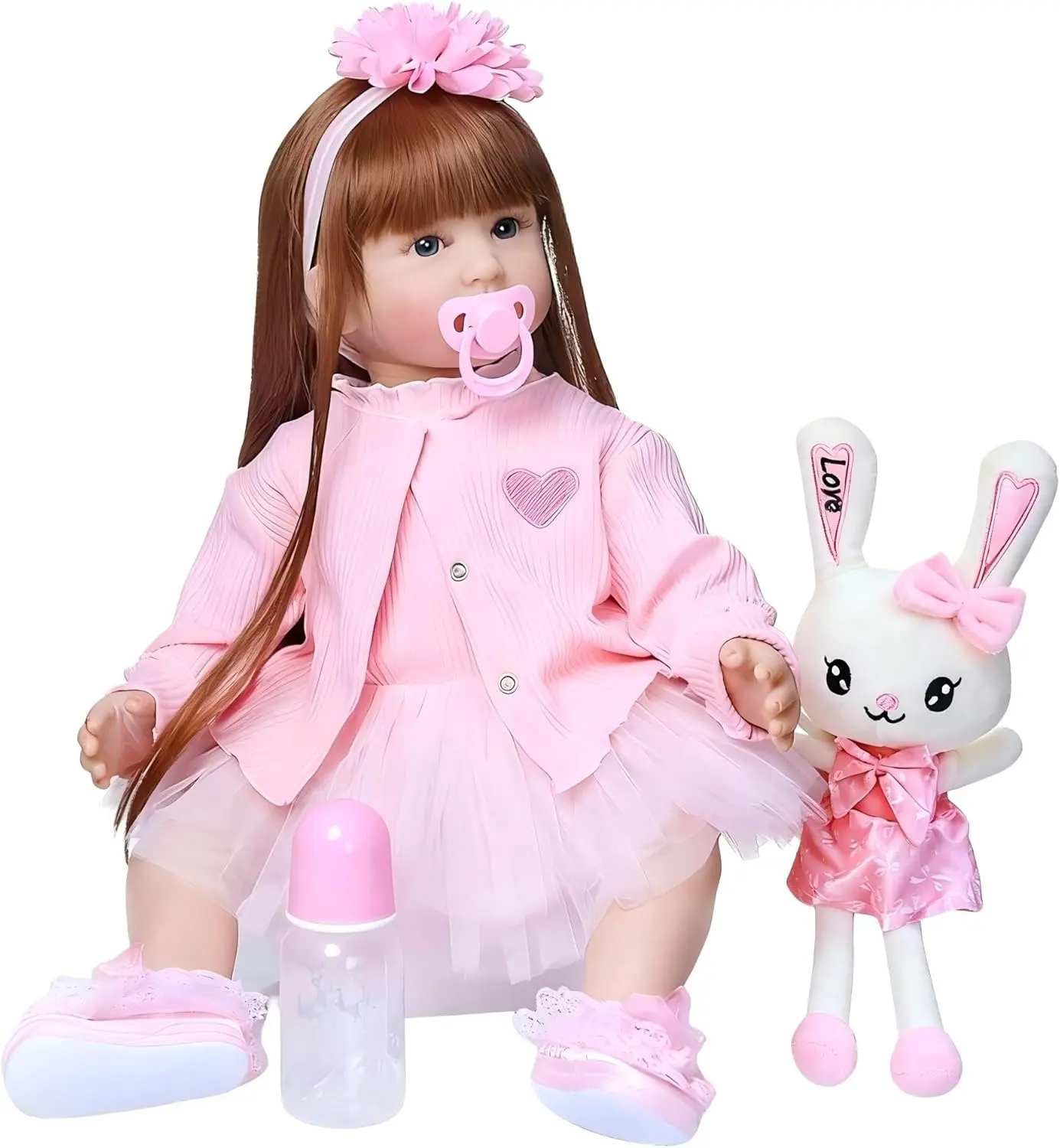 24inch Real Look Reborn Baby Dolls Girl Cloth Body Soft Vinyl Realistic Baby Doll with Long Hair Lifelike Newborn Doll Toy Gift for Kids