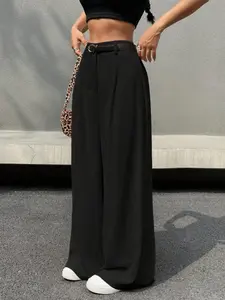 Solid Color Waistband Loose-Fit Women's Straight Leg, Comfortable Stretch Fabric, Durable Wear, All Season Wear, Versatile Casual Bottoms, Casual Streetwear Pants, Casual Street Trousers