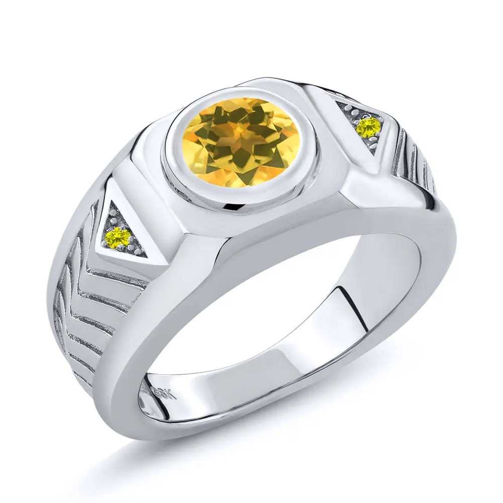 Men's 925 Sterling Silver Gemstone Birthstone and Canary Diamond Ring For Men | Round 8MM | Available in Size 7, 8, 9, 10, 11, 12, 13