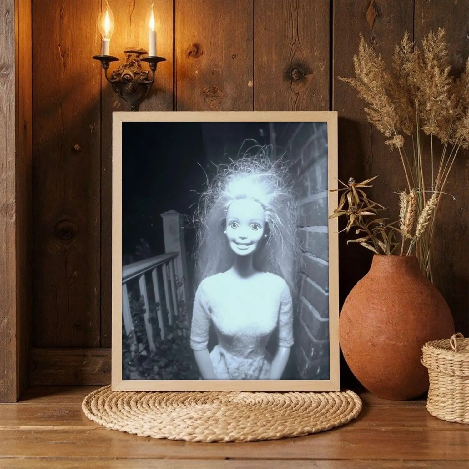 [25% OFF] [UNFRAMED] Creepy Cursed Barbie Ring Doorbell Camera Poster, Funny Messy Hair Doll Night Vision Wall Art, Horror Meme Unframed Paper Print Decor