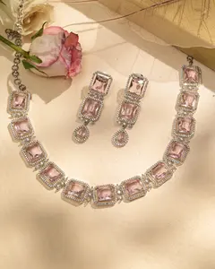 Radiant Square-Cut Pink Stone Necklace with Matching | Rhodium | Indian Jewelry | Mataari