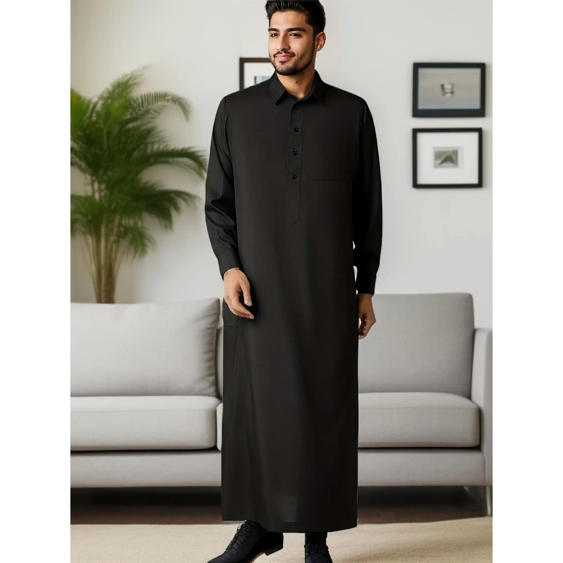 Eid Al-Adha Men's Long Sleeve Solid Lapel Kandora, Arabic Long Gown Thobe For Men, Ramadan, Eid Al Adha Clothing Muslim
