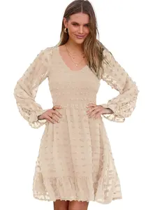 BTFBM Women's V-Neck Swiss Dot Ruffle Chiffon Mini Dress - Long Sleeve Flowy Casual Summer Fall Dresses #Outdoorfun