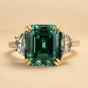 RODIFFY 4.5ct Green Stone Asscher Cut Three Stone Women's Engagement Ring,5A Cubic Zirconia 925 Sterling Silver Promise Ring