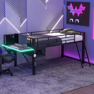 Twin Size Low Loft Bed with Desk, Gaming Mid Loft Bed with Desk and Vented Mesh Underbed Storage, Metal Low Gaming Bedframe, Space Saving, Black