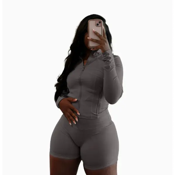 Breathable Elasticity Gym Set - Women'S 2 Piece Workout Set Zip-Up Jacket & Shorts - Casual Activewear For Fitness & Athleisure Trend