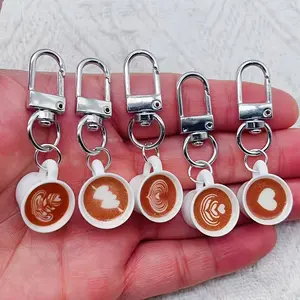 5pc Resin Coffee Cup Keychain Set, Lobster Clasp Decorative Women's Key Ring, Birthday Gift and Christmas Celebration