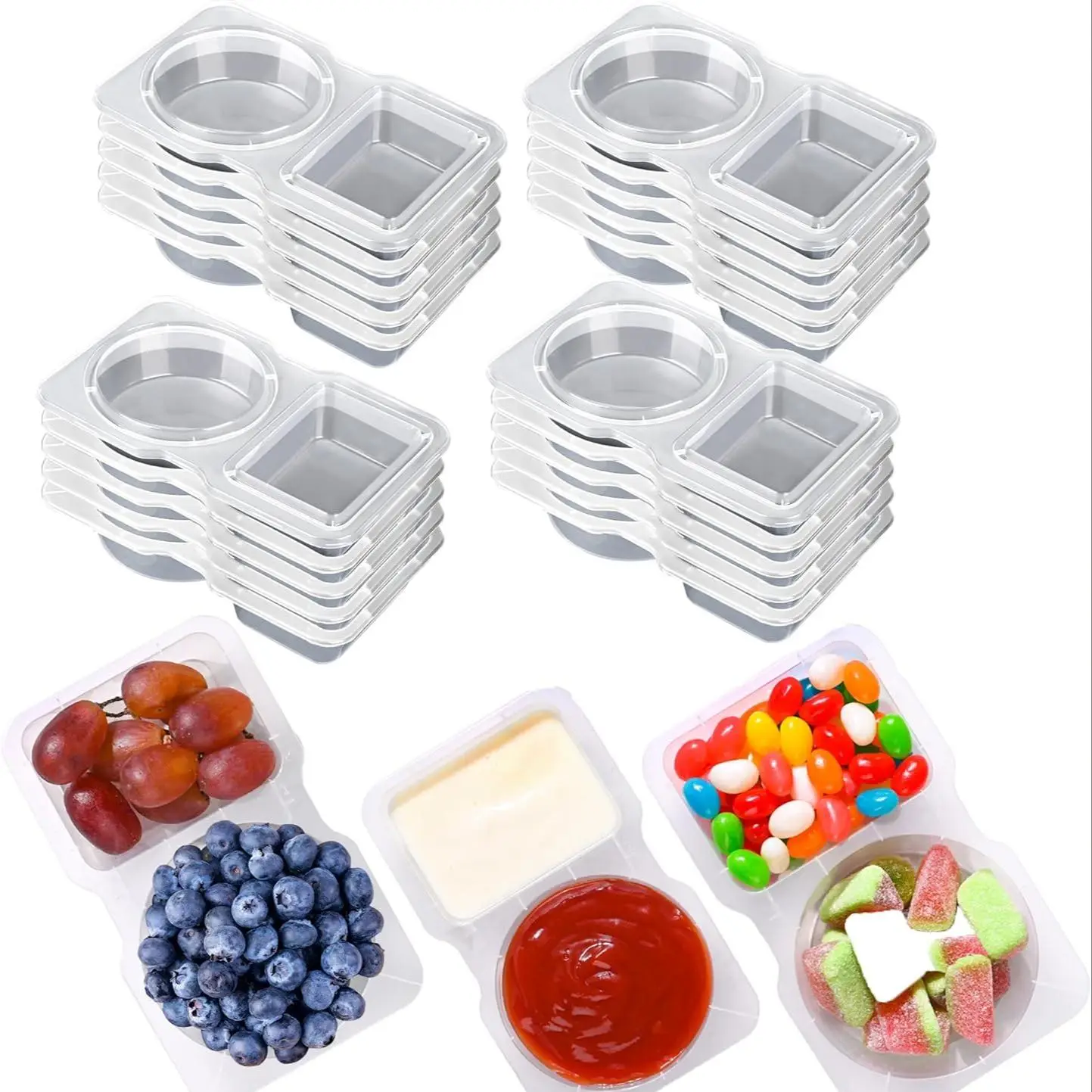 Double Compartment Condiment Container, 20pcs/set Reusable Snack Container with Lid, Sauce Containers, Condiment Containers for Take-Out Condiments