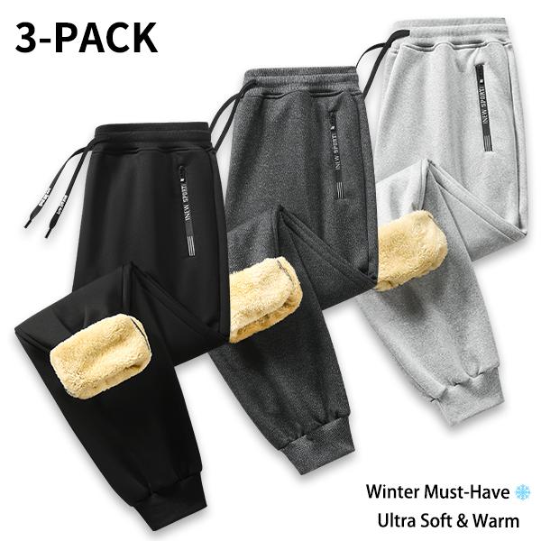 Men’s winter warm jogging pants, 3-pack, thick fleece-lined athletic pants with faux shearling lining, elastic drawstring waist, side zipper pockets, and cuffed ankles for casual wear.