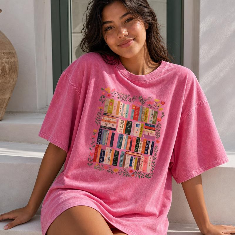 Cottagecore Botanical Bookshelf Graphic Tee Women Soft Washed Cotton Wildflower Books Shirt S-5XL