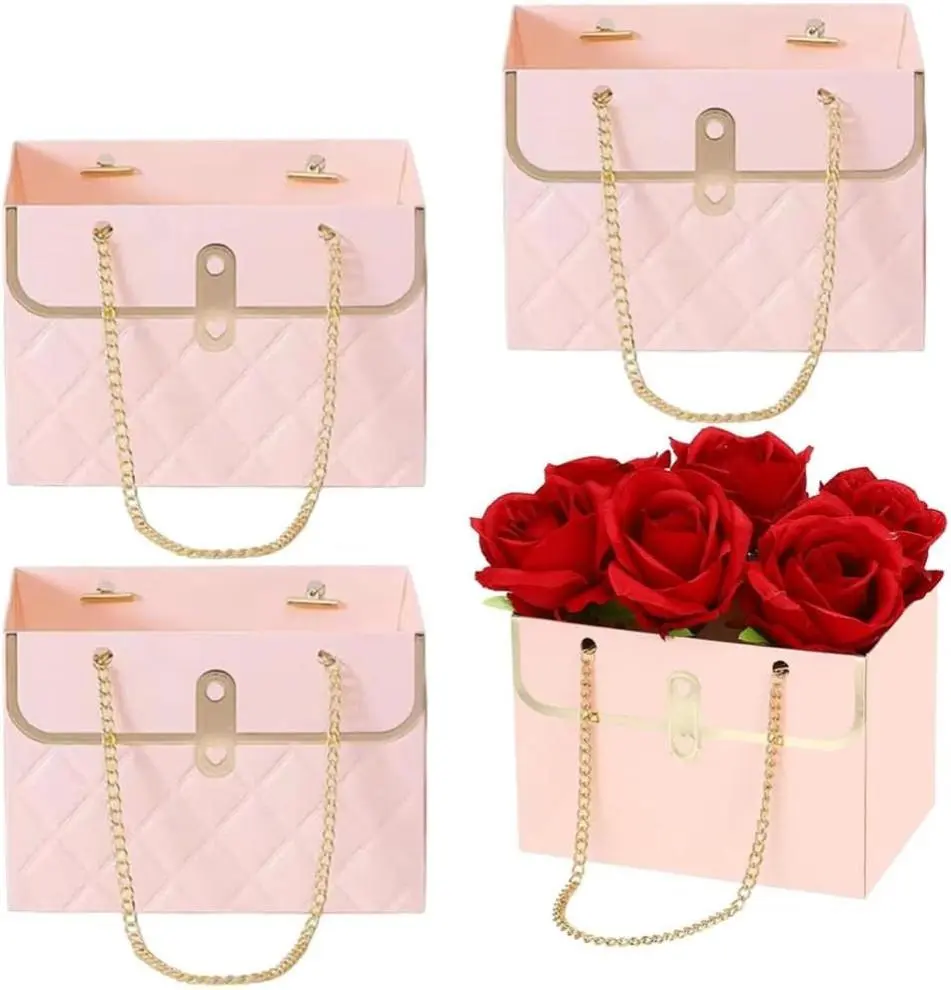 Flower Box Paper Bouquet Storage Bucket, Florist Flower Hand bag with Metal Chain Waterproof for Gifts Wrapping Supplies Bulk Mother's Day Valentine's Day Women's Day (Pink)