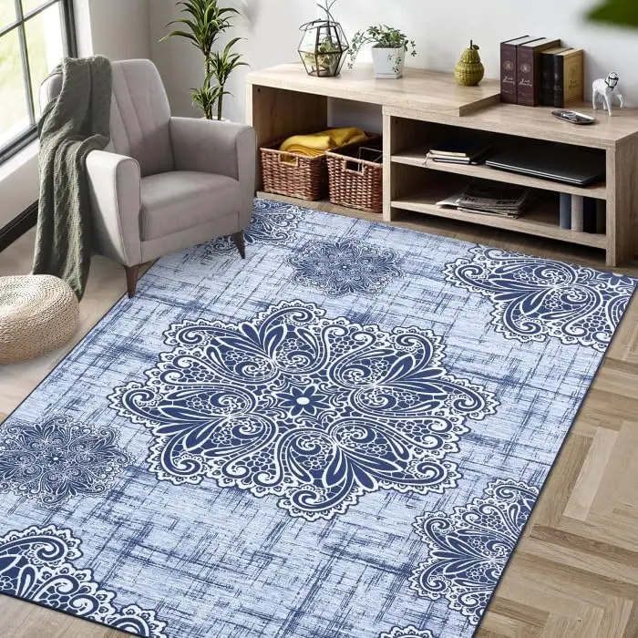 【GARVEE】Vintage Rug 5x7 Machine Washable Rugs Non-Slip Throw Rug Low Pile Living Room Rug Distessed Floor Carpet for Entrance Laundry, Beige/Navy