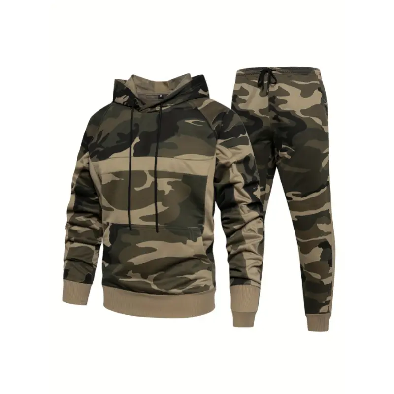 Men's 2-Piece Camouflage Hooded Joggers & Jacket Athleisure Set - Knit Fabric Casual Sports Clothing for Fitness, M, Teen, Male, Pockets, Outdoor Sports, Polyester Knit, Adult, Universal, Jackets, Casual Wear, Full Length, Long Sleeves, Spring, Soccer & F