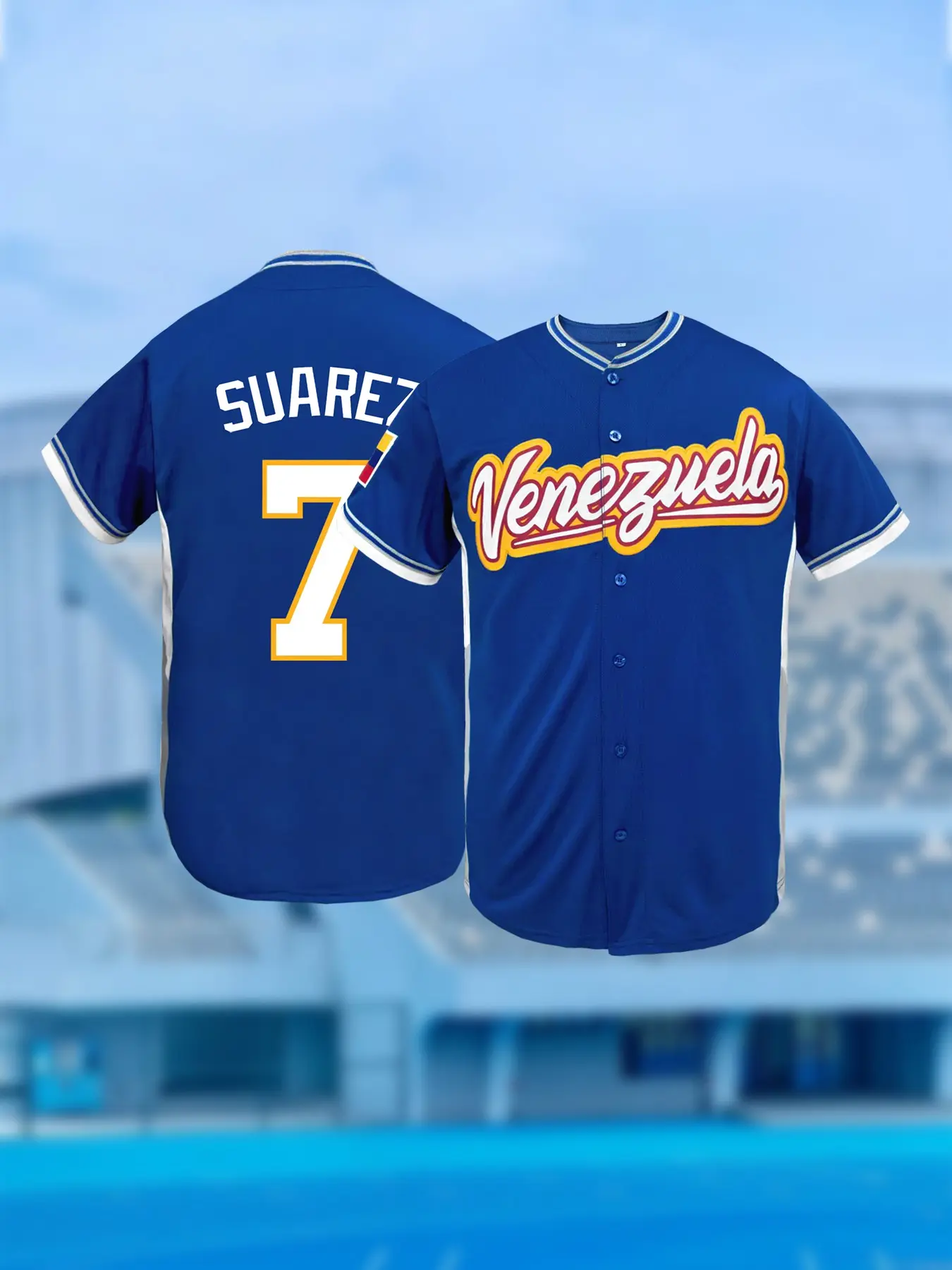 Retro Venezuela Baseball Jersey, Suarez 7 Embroidered Casual Short Sleeve Button Down Shirt for Baseball Fans Gift