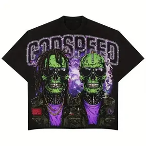 Men'S 100% Y2K Hip Hop Graphic T-Shirt - Godspeed Skulls with Green Light, Fashion Glasses & Purple Cosmic Print, Gothic Streetwear Short Sleeve Round Neck Tee