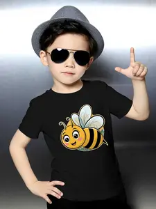 Boys' Cartoon Bee Graphic T-Shirt - 100% Breathable Round Neck Summer Top with Cute Bee & Honeycomb Design, Soft Everyday Shirt for Casual Outfits, Machine Washable Kids Clothing, Playful Kids Fashion, Comfortable Kids Wear, Durable Kids Clothing