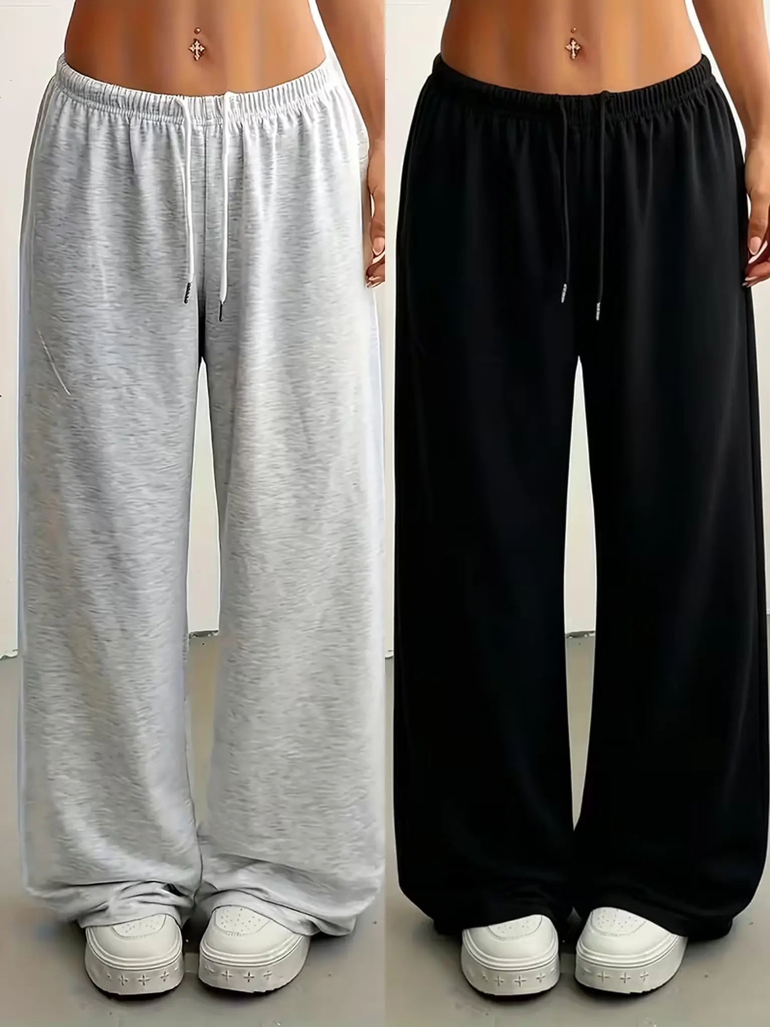 【Solid Color】2-Pack Wide-Leg Athletic Pants – Loose Casual Loungewear, Black & Gray Colorblock Long Pants, Street Style Women’s Pants, Versatile Long Pants for Everyday Wear Fit Womenswear backtoschoolshopping