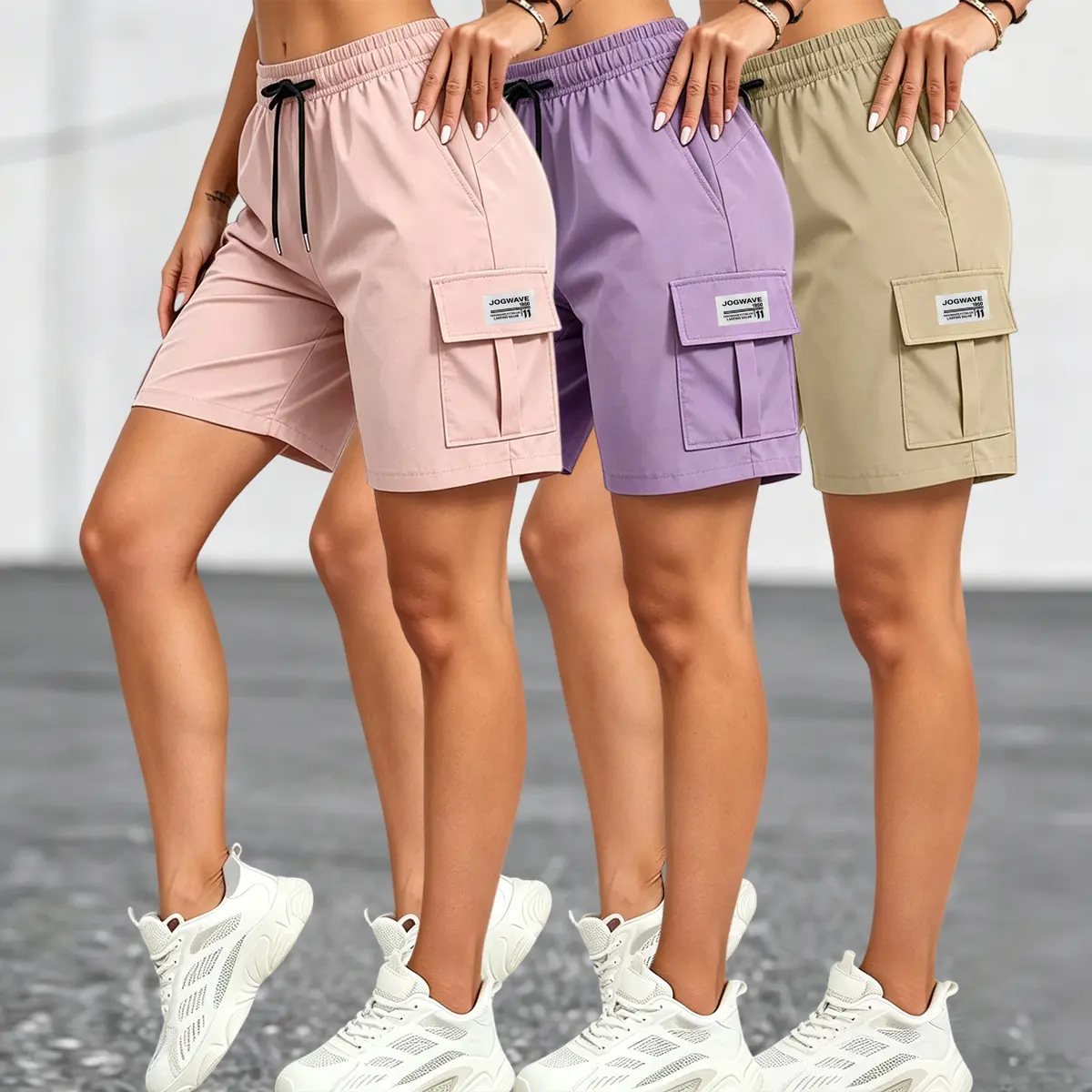 3-pack women’s casual versatile cargo shorts with elastic drawstring waist and multiple pockets; suitable for summer everyday wear, outdoor hiking, training, sports, and various occasions. Women’s clothing, women’s shorts, women’s apparel, summer clothing