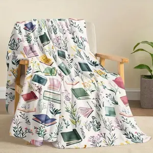 Digital Printed Flannel Blanket with Colorful Book & Wildflower Pattern Soft Warm for Sofa Bed Travel Camping Living Room Office Machine Washable Birthday Gifts reading accessory