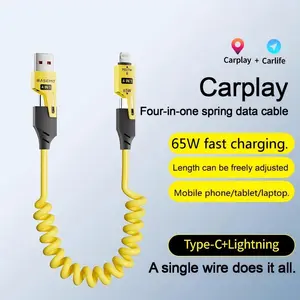 4-In-1 Coiled Fast Charging Cable, 65w USB-C to Lightning/Type-C, Retractable Non-Tangle, Carplay Android Auto Compatible