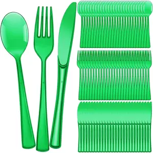 150 count Disposable Cutlery Set Plastic Silverware Heavy Duty Utensil Sets 50 Forks 50  50 Spoons for Home Office School Party Picnics Restaurant Outdoor Events or Every Day Use (Green)