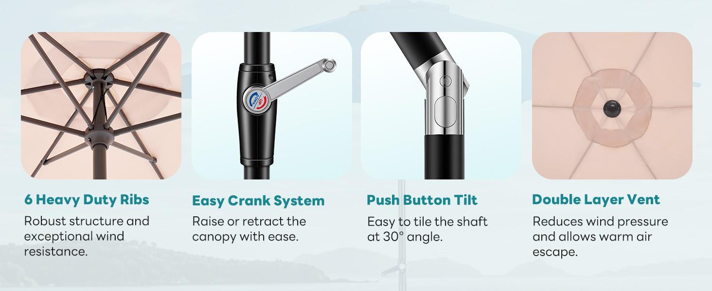 7.5ft Patio Umbrella with Tilt and Crank Button & 8 Sturdy Ribs Waterproof, Patio Table Umbrella Perfect for Poolside, Terrace, Beach and Outdoor Restaurant