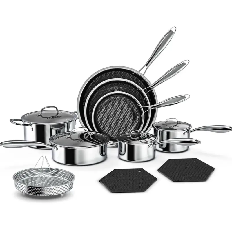 Nonstick Pots and Pans Set, 14 Piece Hybrid Hex Non Stick Stainless Steel Cookware with Frying Pans, Saute Pan, Saucepans & Stock Pot - Induction Compatible, Dishwasher &Oven Safe
