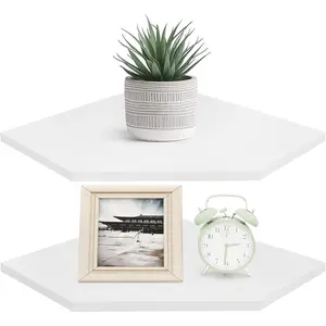 Corner Shelf Wall Mount, Set of 2 Corner Floating Shelves with Cord Hole for Speaker,  Box, 2 Tier  Hanging Storage Shelf for Bathroom Living Room Bedroom, White
