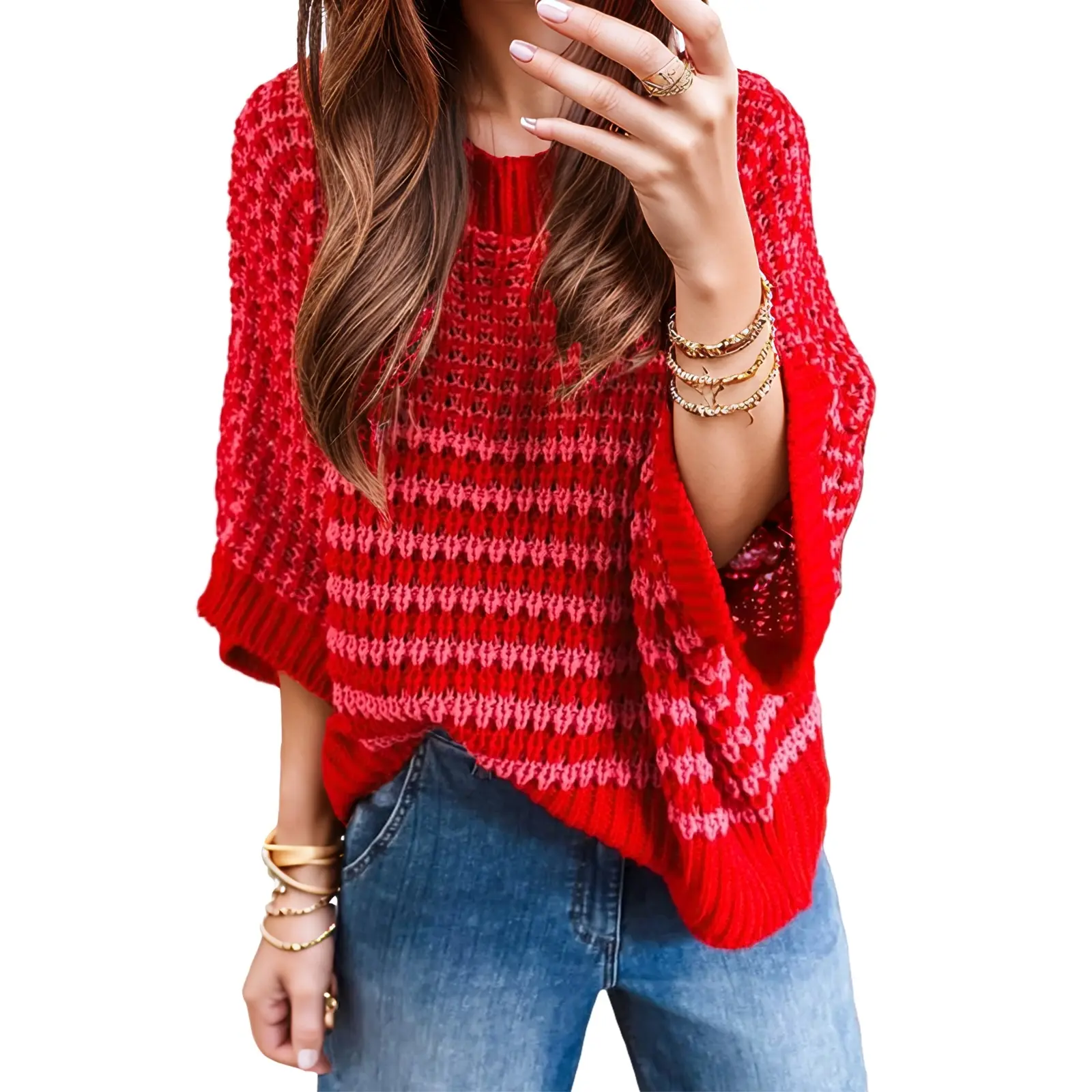 Asvivid Women's Striped 3/4 Draped Sleeve Loose Knit Sweater Pullover Top - Casual, Comfortable Fit, Everyday Style for Spring, Fall Womenswear