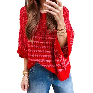 Asvivid Women's Stripe 3/4 Draped Sleeve Slouchy Sweater Tops Spring Fall Fashion Womenswear Pullover Top Knitwear