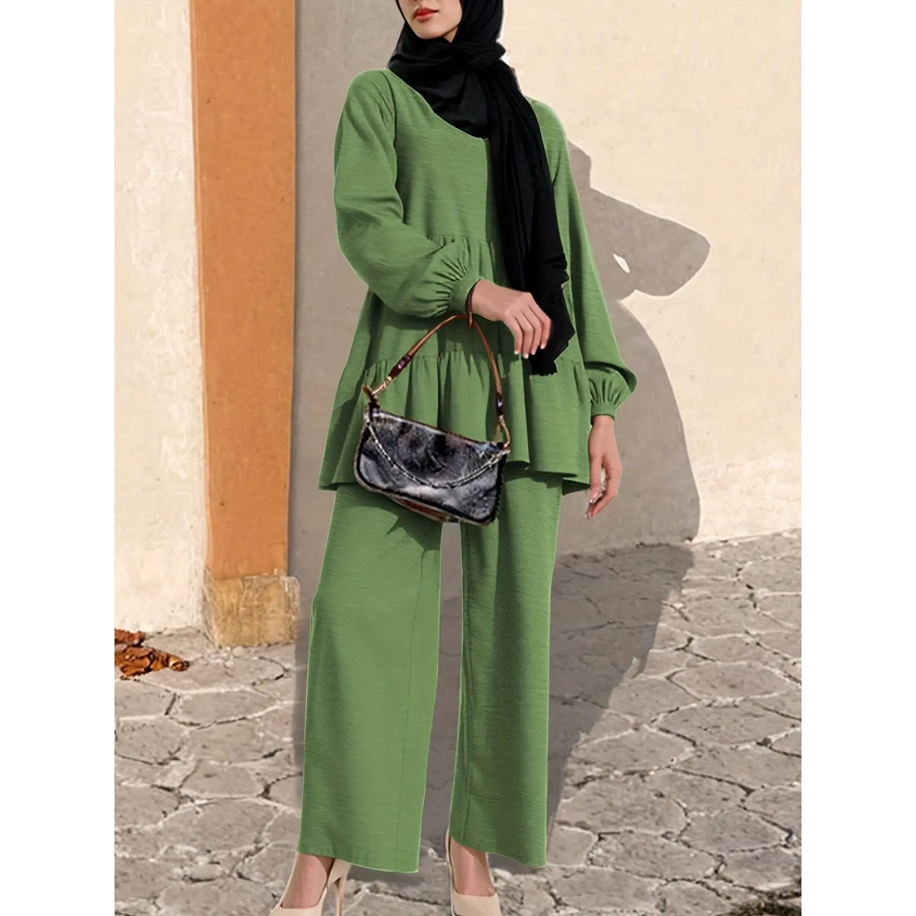 Elegant Two-Piece Abaya Set for Women Featuring a Solid Color, Round Neck, Back Slit, And Ruffle Elastic Waist Pants, Perfect for Ramadan And Everyday Wear