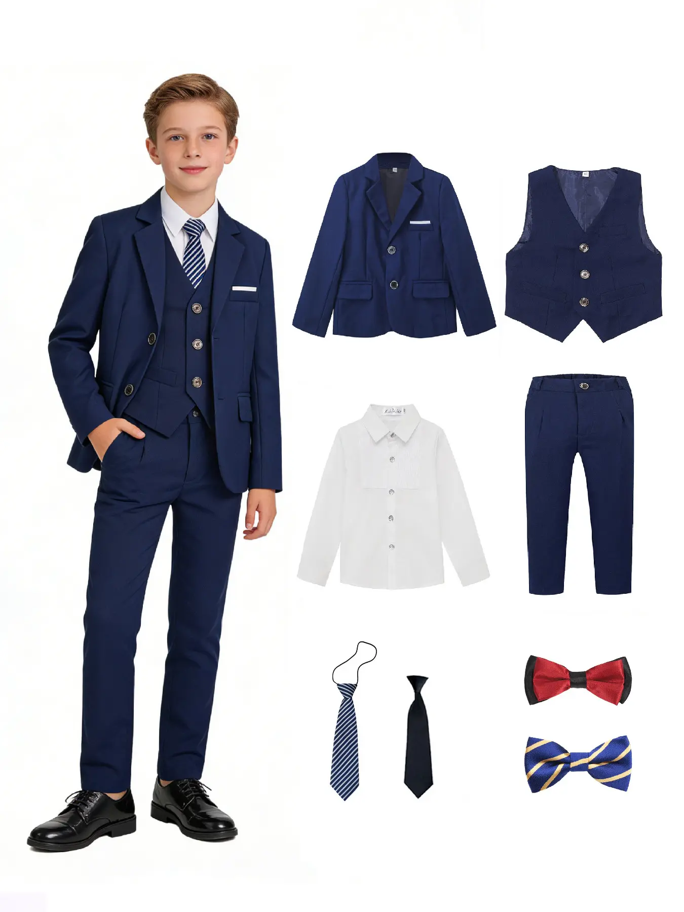Boys' 8-Piece Formal Suit Set, Toddler Tuxedo to Teen Slim Fit (Blazer + Shirt + Vest + Pants + 2 Bow Ties + 2 Ties), Ideal for Weddings, Birthdays, Coming-of-Age Ceremonies & Formal Occasions, Sizes 100-150cm