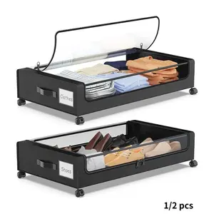 Under Bed Storage Box with Wheels, Transparent Lid, 60L (15 Gal), Ideal for Clothes, Blankets, Shoes, Toys, Books, Bedding
