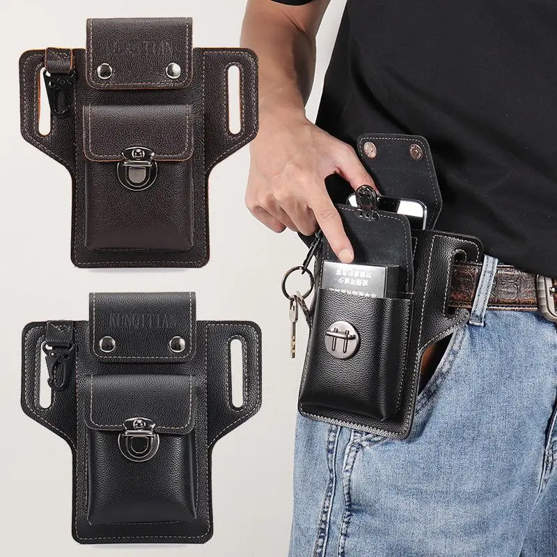 PU Leather Phone Pouch Belt Bag Holster Case - Everyday Beltpack, Fashion Waist Pack, Portable Waist Bag - Durable Protective Wallet with Key Ring for iPhone 15 Plus & Samsung Phones Under 6.3 in (Sports & Outdoor Camping & Hiking Use)