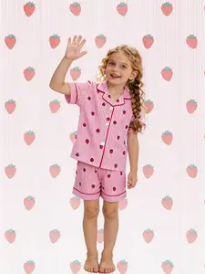 2-piece children's full body pink and white striped strawberry pattern printed short sleeved shorts with soft and comfortable collar design, button closure elastic waistband, home daily casual children's pajamas set