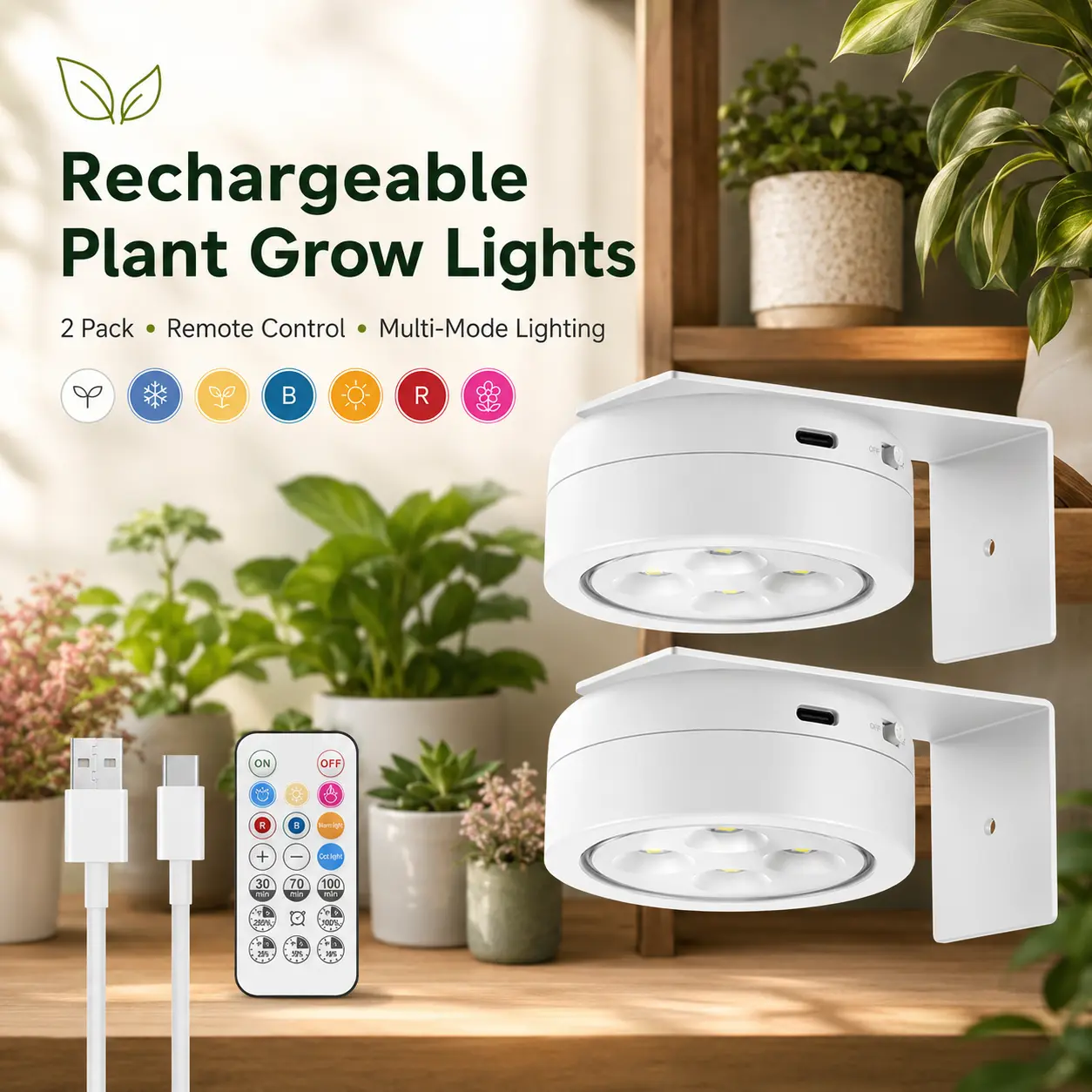 Rechargeable Grow Lights for Indoor Plants, Cordless Plant Grow Lamp | Wireless Full Spectrum LED Plant Light with Magnetic, 7 Lights Mode Puck Grow Lamp with Remote Dimmable＆Timer for Plant Shelf