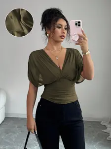 Women's V Neck Ruched Slim Fit Solid Color Blouse, Summer Short Sleeve Fitted Top, Casual Fashion Shirt for Women Womenswear