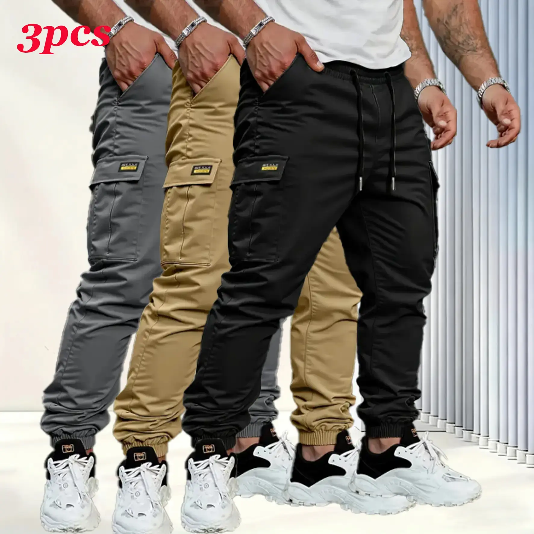 Men’s 3-Pack Basic Fitted Solid Color Cargo Joggers - Lightweight Stretch Machine Washable Trousers with Multiple Pockets for Hiking, Urban Streetwear, Slimming Fit, Versatile And Practical, Sporty Chic, M