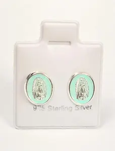 Virgin of Guadalupe Oval Enamel Acqua Stud Earrings (10mm) - 925 Sterling Silver