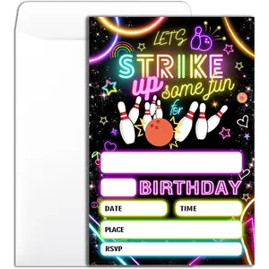 Strike Bowling Birthday Party Invitation 20 Bowling Theme Neon Birthday Invitation With Envelopes for Boys Girls Party Invite Cards -4x6 inch-B015